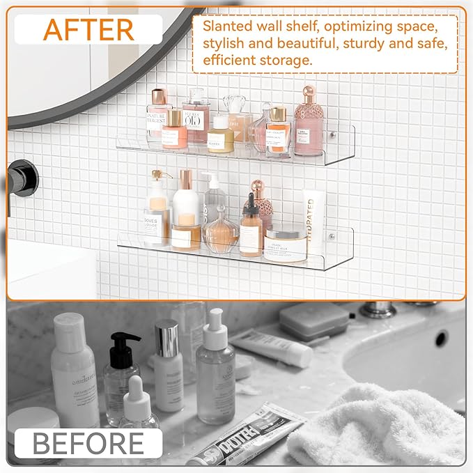 Yieach 8 Pack 15" Acrylic Shelves for Wall,Bathroom,Bedroom - with Adhesive - No Drilling Clear Floating Shelves for Funko Pop,Lego,Action Figures,Nail Polish,Perfume Shelf and Wall Storage & Display