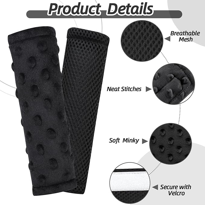 WINGHENLEE Baby Car Seat Strap Pads, Toddler Car Seat Strap Shoulder Covers for Baby Kids, Double-Sided Car Seat Belt Covers for Stroller/Pushchair/Baby Swing, Soft Flannel & Mesh, Black