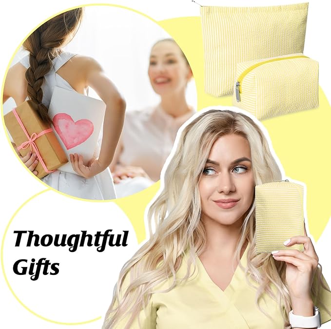 2 Pcs Makeup Bag Set Cute Cosmetic Pouch for Women Seersucker Travel Toiletry Bag Preppy Small Makeup Purse Pouch Aesthetic Skincare Brushes Storage Organizer for Valentine Women(Yellow)