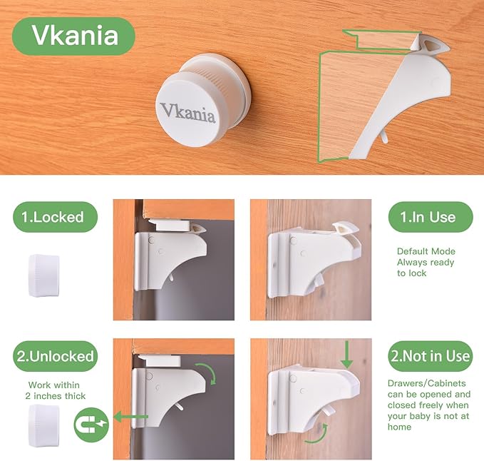 20 Pack Vkania Magnetic Cabinet Locks Child Safety with 2 Keys - Baby Proof Adhesive Latches for Kitchen Cabinets & Drawers, No Drilling Easy Installation (20 Locks + 2 Keys)