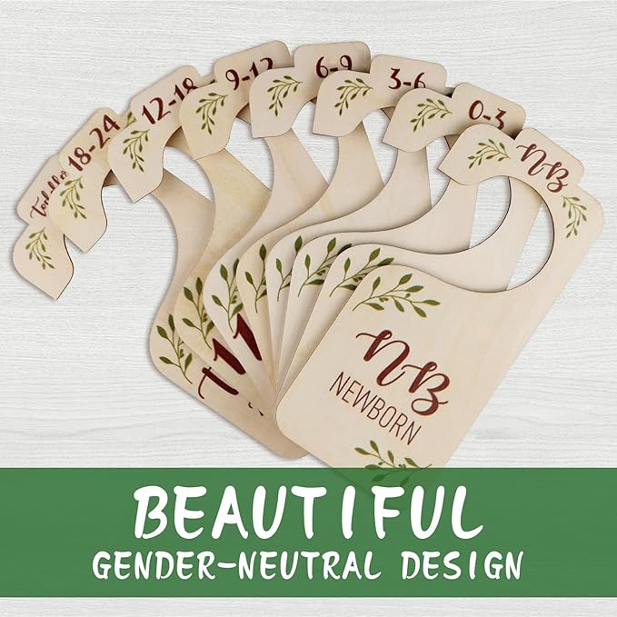 Baby Closet Dividers for Clothes Organizer - 8 PCS Adorable Wooden Double-Sided Baby Clothes Size Hanger Organizer from Newborn to Toddler for Nursery Decor