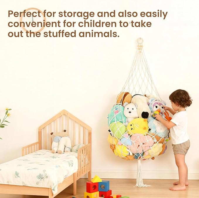 Stuffed Animal Storage Hammock Plushie Net 60-inch Stuffed Animal Net Corner for Kids' Wall Room Decor Hanging Toy Storage Plushie Net Organizer Holder Kids Baby Nursery Wall Bedroom Home Decor (L)