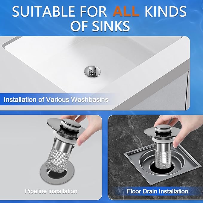 Sink Stopper Hair Catcher,(2PCS) Pop-up Sink Drain Strainer with Removable Stainless Steel Strainer Basket Hair Catcher, Bathroom Sink Strainer for Bathroom Sink Stopper Replacement
