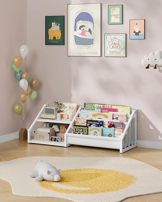 CHOEZON Kids Bookshelf, Book Shelf for Kids Rooms, Toddler Bookshelf with 2 Open Shelves and 4-Tier Sling Rack, for Kid Room, Nursery, Bedroom, Playroom, White TCW16WB