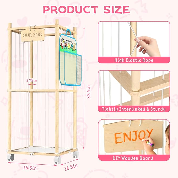 DUOQNY 34-Inch Stuffed Animal Storage Organizer with Bag & Plaque - Large Capacity Wood Toy Cage for Plush Toys, Nursery, Playroom, Kids Bedroom - Toy Storage for Small Objects, Gift for Girls Boys