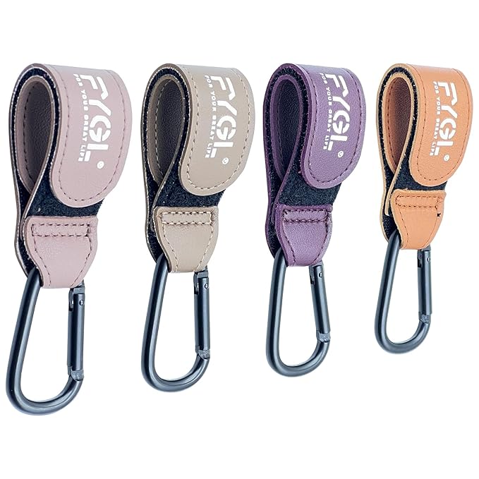 Stroller Hooks - Leather Buggy Clips, Pushchair Carabiner Clip for Bags, Easy Attachment for Pram, Universal Stroller Clips and Hooks, Stroller Accessories - Morandi Dark (4 Pack)