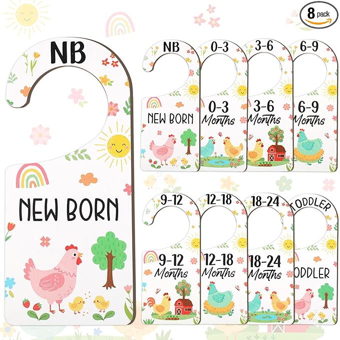 Baby Closet Dividers 8PCS, Cute Chick Themed Wooden Double-Sided Clothes Size Hanger/Organizer from Newborn to Toddler for Nursery Decor Baby Shower Birthday Gender Reveal Party Gift