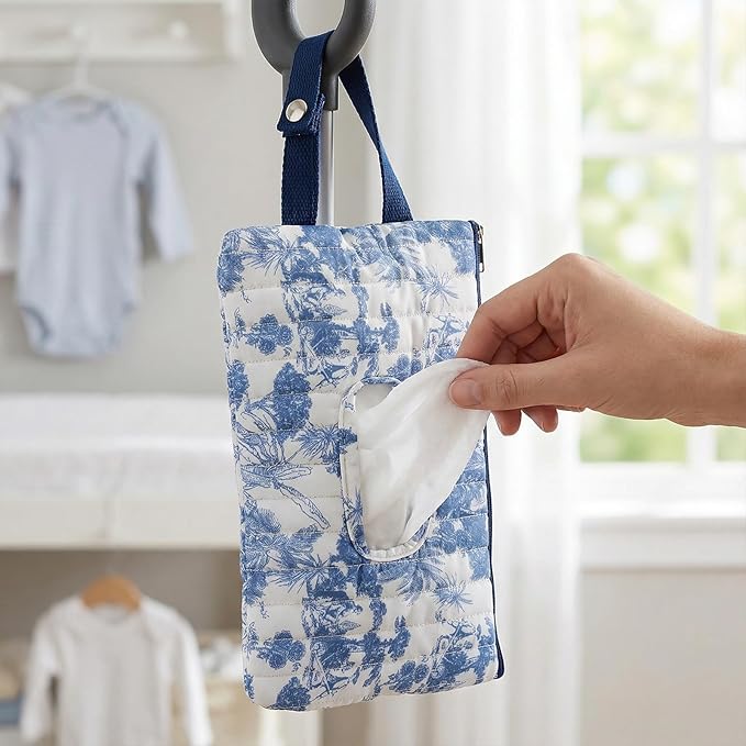 Quilted Baby Wipe Holder Floral Diaper Pouch Portable Quilted Wipes Bag for Car, Stroller (Dark Blue-2)