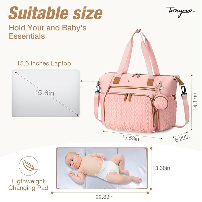 Tonyeee Diaper Bag Tote, Large Diaper Bags Waterproof, Hospital Bag for Labor Delivery, Baby Bag with Pacifier Case, Travel Diaper Tote with Changing Pad, Pink