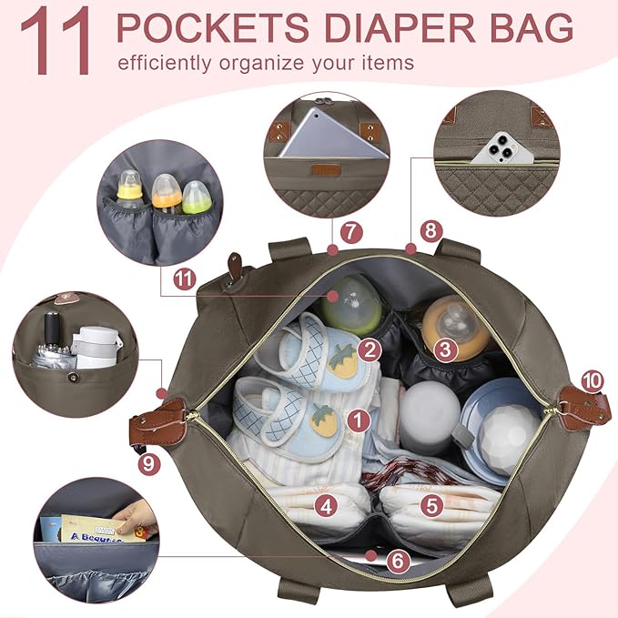 Pritent Diaper Bag Tote, Diaper Baby Bags with Pacifier Case, Shoulder Straps, Stroller Clips, Waterproof Large Mommy Maternity Travel Baby Bag for Mom and Dad, khaki, Medium