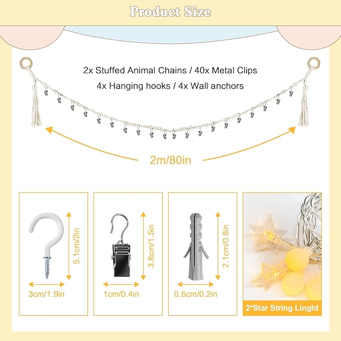 80" 2-Pack Cotton Hanging Storage Chain For Stuffed Animals Storage with LED Light, Stuffed Animal Organizer Chain for Wall Corner Nursery Play Room, White