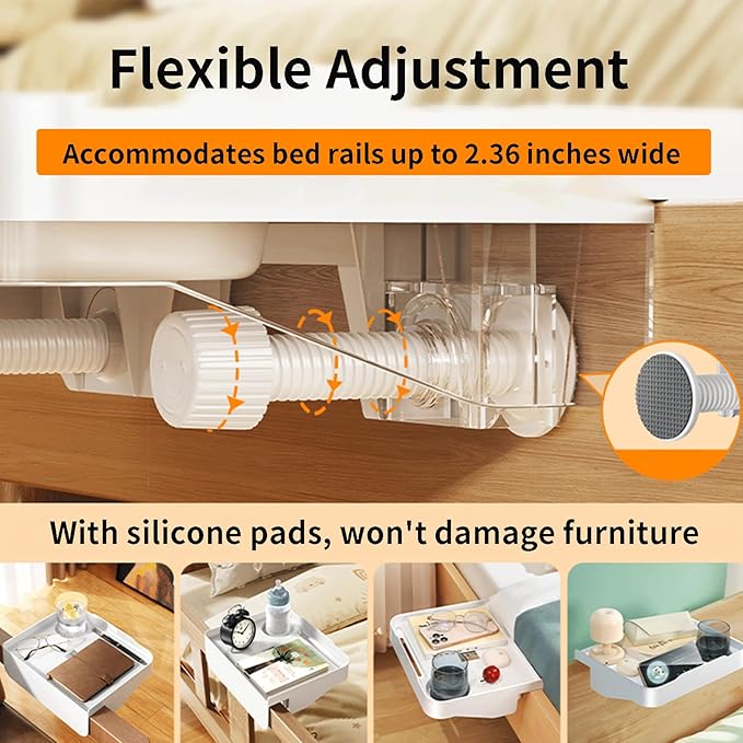 Blissfuhue Bedside Caddy for Dorm Bed - Clip On Nightstand with Cup Holder, Floating Bed Side Table Tray Storage,College Dorm Room and Kids Room Essentials,Blending Decor and Storage （White）