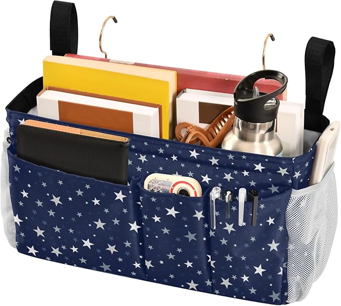 Bedside Caddy Hanging Bunk Bed Caddy Bed Organizer Hanging Pocket with 2 Hooks Bedside Storage Organizer Pocket Bag Holder Stars Dark Blue