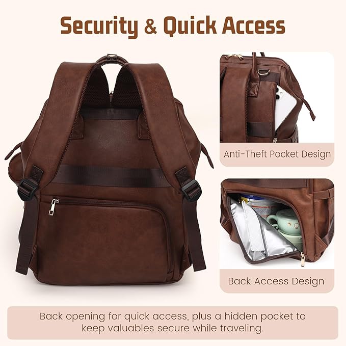 ROSEGIN Premium Vegan Leather Diaper Bag Backpack with Waterproof Changing Pad – Reinforced Stitching & Zippers, Baby Bag for Boy Girl, Stroller Straps, Fits 15.6" Laptop for Work Moms, Dark Brown