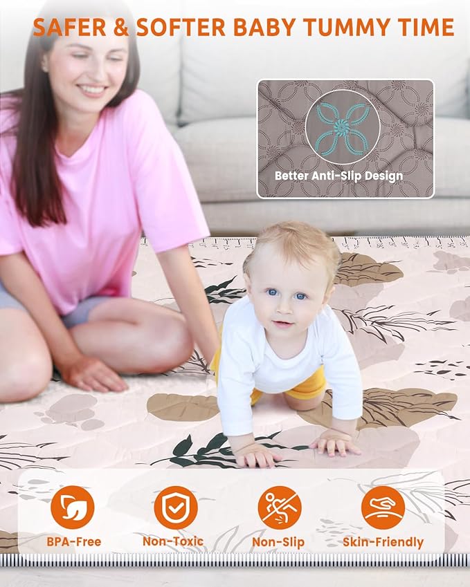 71x59 Playpen Mat Foam, Large Baby Play Mat for Babies Kids Toddlers Infants Floor Crawling, Washable Cushioning Padded Playmat for Indoor Outdoor, Baby Gifts for Boys Girls, Boho Leaf