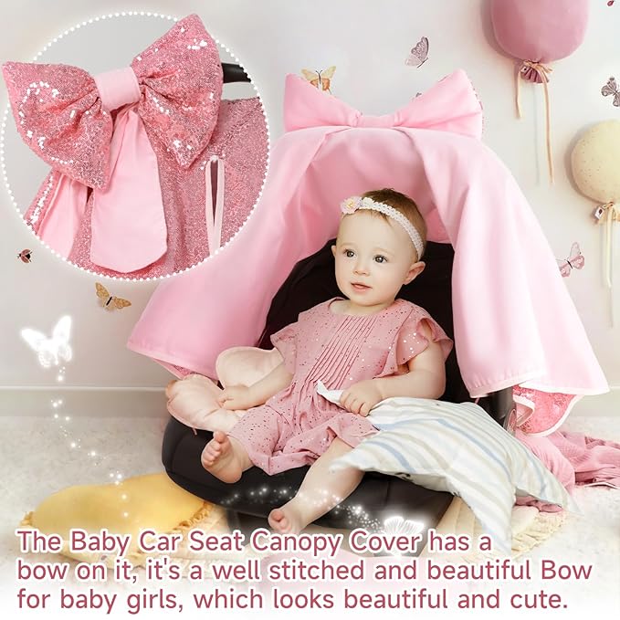 Baby Carseat Canopy Cover with Bow for Girls Boys with Bow Stroller and Cart Cover Carseat Nursing Cover Newborn Gift (Pink)