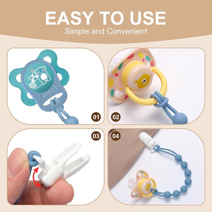 4-Pack Silicone Pacifier Clip with Adapter Ring Fits MAM Dummy, Soft Flexible Binky Holder for Button-Style Maam Dummies, Anti-Loss Paci Clips for Baby Boys, Xmas Gifts Baby Shower Essentials