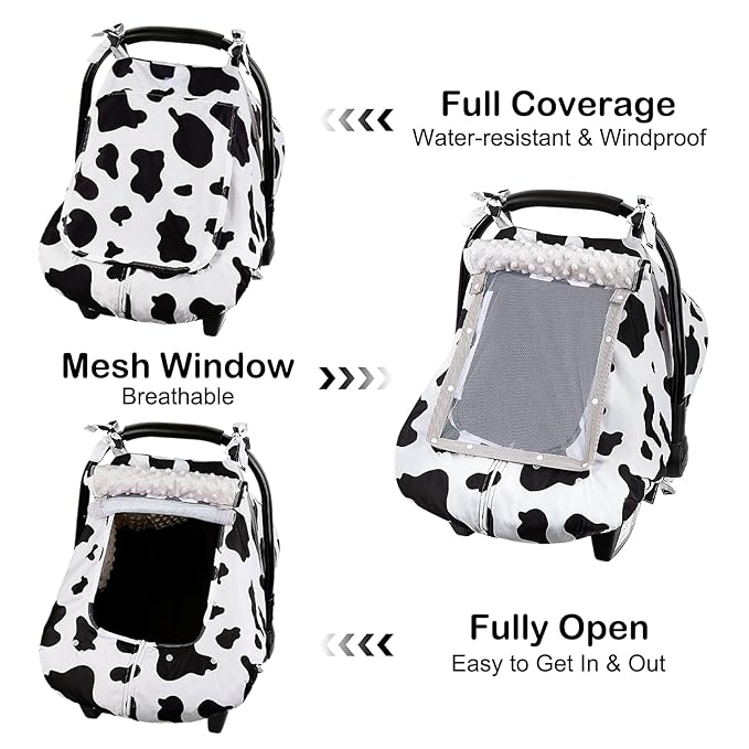 FIOBEE Baby Car Seat Cover, Car Seat Covers for Babies Infant Car Seat Canopy with Breathable Mesh Window Waterproof Carseat Cover for Babies Boy Girl 4 Seasons, White/Cow