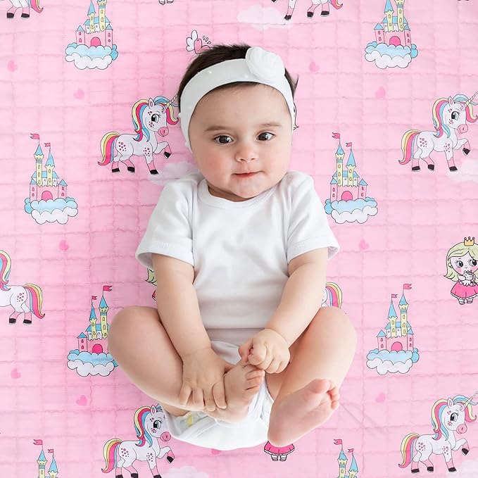 Funtery 43 x 43 Inch Boho Baby Play Mat Portable Crawling Washable Foldable Tummy Time Non Slip Baby Floor Large Playpen Mat for Infants Toddlers Floor Playpen Activity(Pink Unicorn)