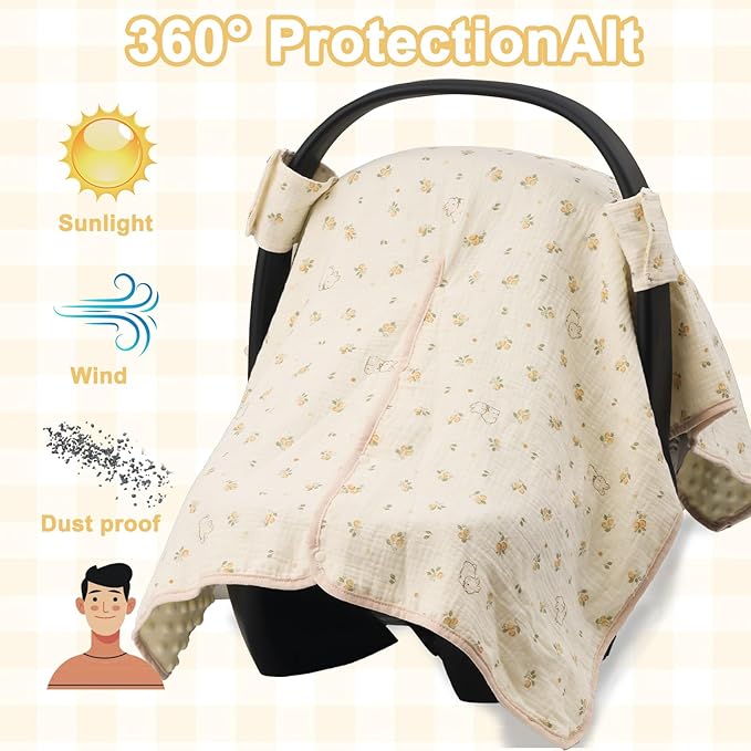 2-in-1 Baby Car Seat Cover, Baby Car Seat Canopy, Mom Nursing Cover，Easy to Install Shield，Multi-Purpose | Winter Warm & Summer Shade Use (Yellow Little Flower)