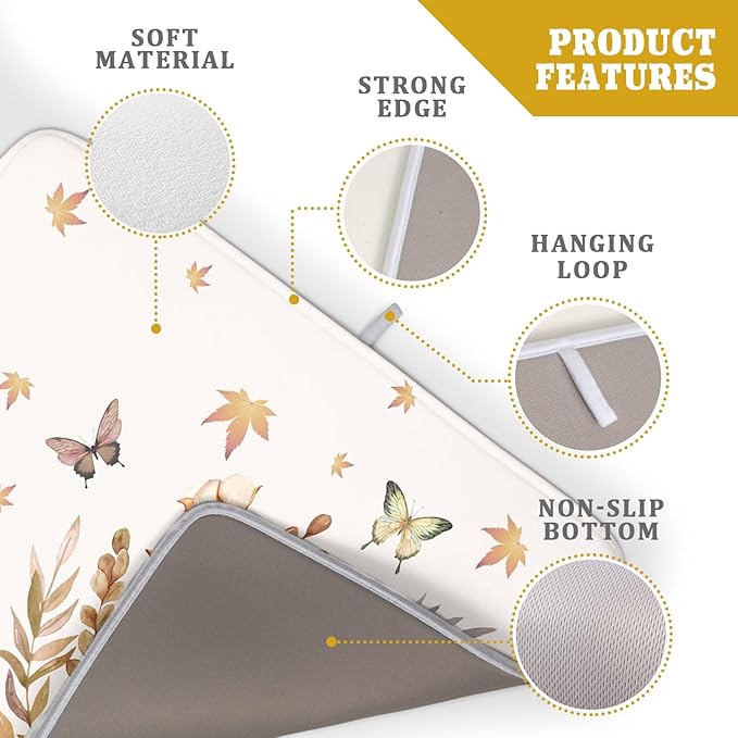Fall Pumpkin Maple Dish Drying Mat for Kitchen Counter,Autumn Butterflies Harvest Drying Mat 18 x 24 Inch with Absorbent Reversible Microfiber Dish Drying Pad Dish Rack Drainer Mat for Coffee Bar