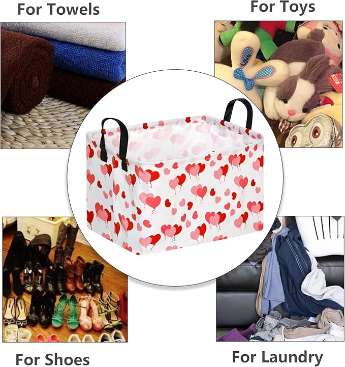 MAIZMZ Empty Gift Basket for Girls Heart Print Storage Cube for Women, Closet Shelf Waterproof Organizer Bins with Handles Waterproof Nursery hamper Kids Toys Books Box Room Deco