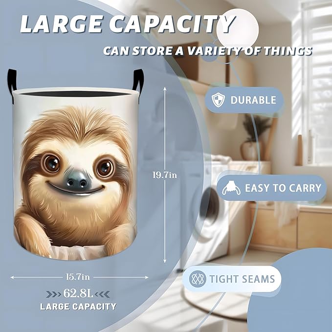 Cute Smiling Sloth with Big Eyes Laundry Basket with Handles, 19.7"x15.7" Clothes Foldable Laundry Hamper Organizer for Dorm Nursery Bedroom Bathroom Decor, Toy Storage Bin for Kids