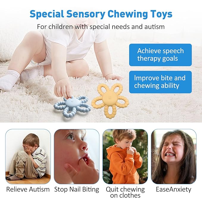 Vibrating Teether for Baby, Sensory Chew Toys for Autistic Children & Teething Toys for Babies, USB Chargeable & 3X Vibration Setting Travel Essential Gift for Kids with Autism Toddler