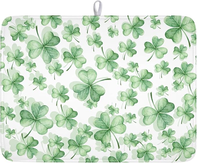 St Patrick's Day Dish Drying Mat for Kitchen Counter,Green Lucky Charm Shamrocks Drying Mat 18 x 24 Inch with High Absorbent Microfiber Drainer Mat for Coffee Bar