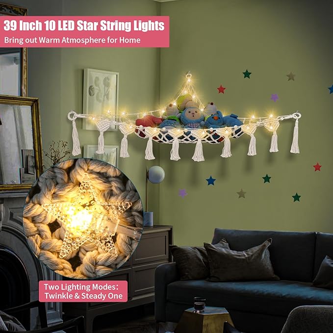 Stuffed Animal Hammock Net w/LED Star Light, 56 Inch Jumbo Toy Hammock for Stuffed Animals Teddy Plushie Net, Cream Stuffed Animal Storage Corner for Kid Girls Boys Gift