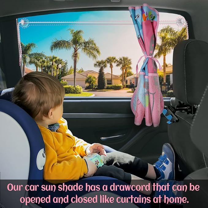 DIZA100 Car Sun Shade for Window Baby, 2 Pack Full Shade Window Shades with Storage Net Pocket, 7 Suction Cups, Cute Elephant for Sun/Heat/UV Rays Protection, Kids