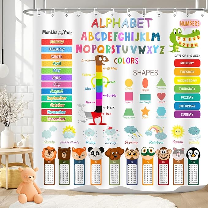 ABC Educational Shower Curtain Kids Learning Tool Funny Cartoon Animals Colors Shapes Weathers Multiplication Table Girls Boys Colorful Decor Waterproof Fabric 72Lx72W Inch with Hooks