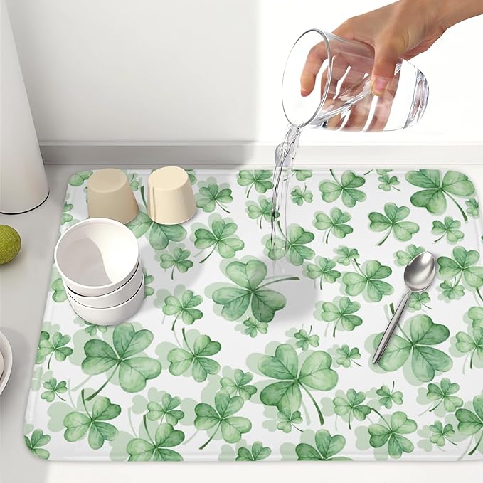 St Patrick's Day Dish Drying Mat for Kitchen Counter,Green Lucky Charm Shamrocks Drying Mat 18 x 24 Inch with High Absorbent Microfiber Drainer Mat for Coffee Bar