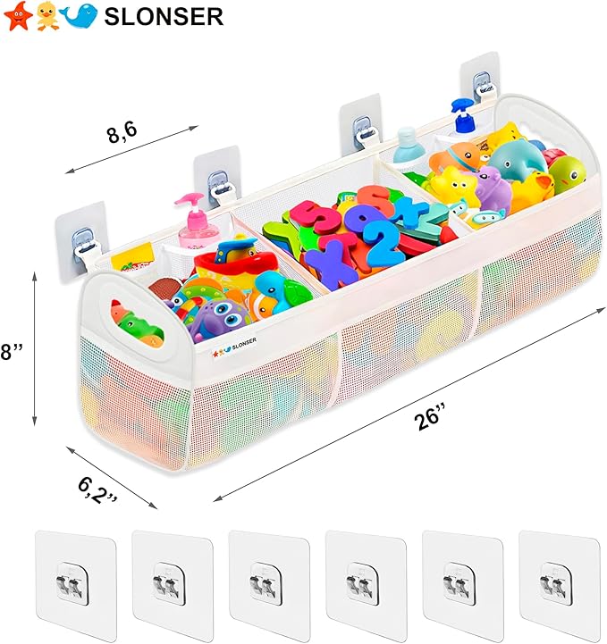 Bath Toy Holder 3 Compartment, Bath Toy Storage, Large Bathtub Toys Holder Organizer for Tub, Quick Dry Bathroom Mesh Net Bag with 6 Heavy Duty Adhesive Wall Hooks