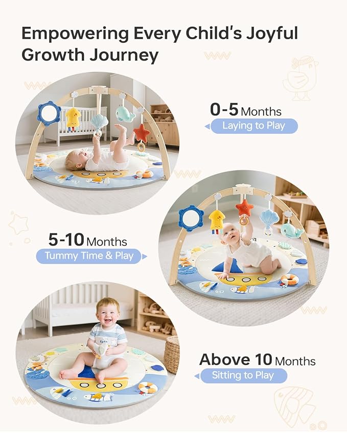 BG-BABYGO Baby Play Gym Activity Mat, 5 Developmental Zones Wooden Tummy Time Mat with 7 Detachable Sensory Toys for Motor Skills & Sensory Development, Baby Essentials Shower Gift, Easy to Install