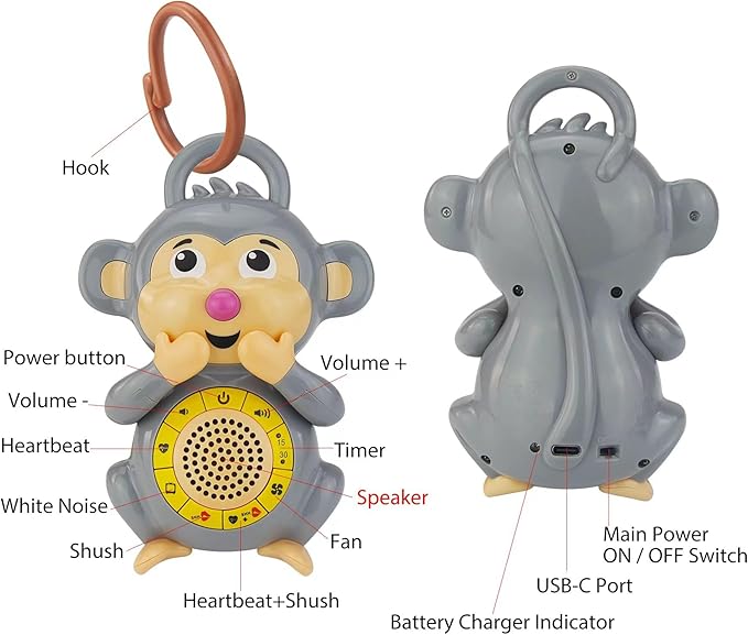 BIGMONAT Monkey Baby Sleep Soother with a White Noise Sound Machine Featuring 5 Soft Ambient Sounds, USB Rechargeable and Lullaby Machine for Sleeping Travel Baby Gift (Brown)