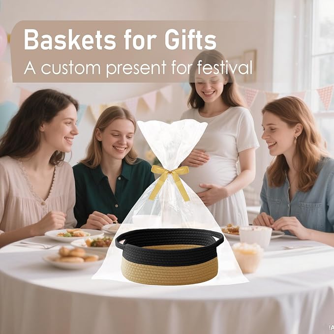 JMvicyroam Woven Basket,Small Rope Storage Bin with Handles & Ribbon Bag, Organizer for Shelves Closets,Gift Basket Empty for Birthday,Books,Dog Toys, Black&Jute/3 Pack