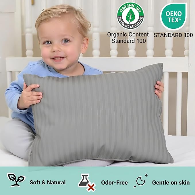 ZPECC Toddler Pillow with Pillowcase 2 Pack - 13x18 Organic Cotton Hypoallergenic Kids Pillow, Baby Essentials for Travel Crib Daycare Stroller (Intended for Age 2 and up) Grey Stripe