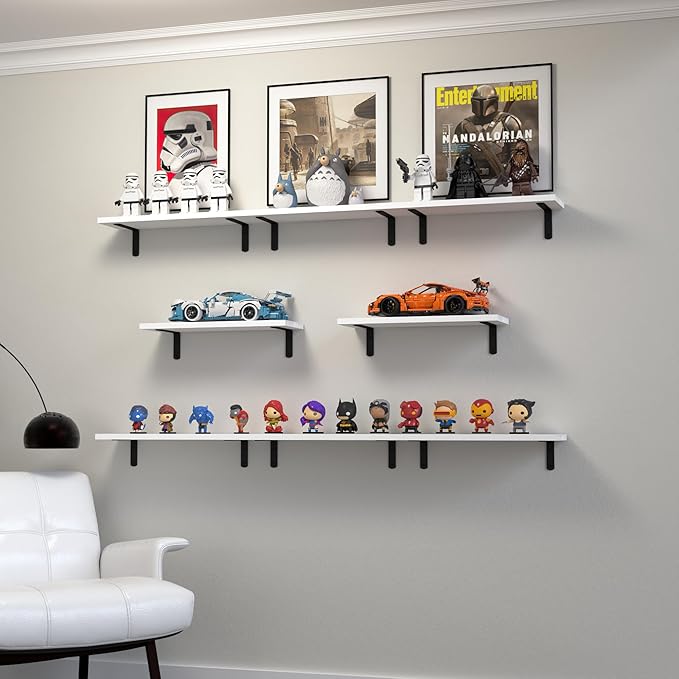 Floating Shelves, 8 Sets Wall Shelves, Wooden Floating Shelves for Bedroom Wall Décor, Wall Mounted Floating Bathroom Shelf for Storage, Floating Book Shelf Living Room – White, HM02