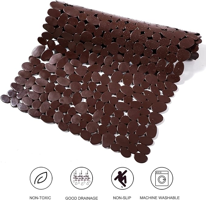 Bath Tub and Shower Mats, Non-Slip Pebble 35 x 16 Inches Machine Washable Bathtub Mat with Drain Holes, Suction Cups for Bathroom (Brown)