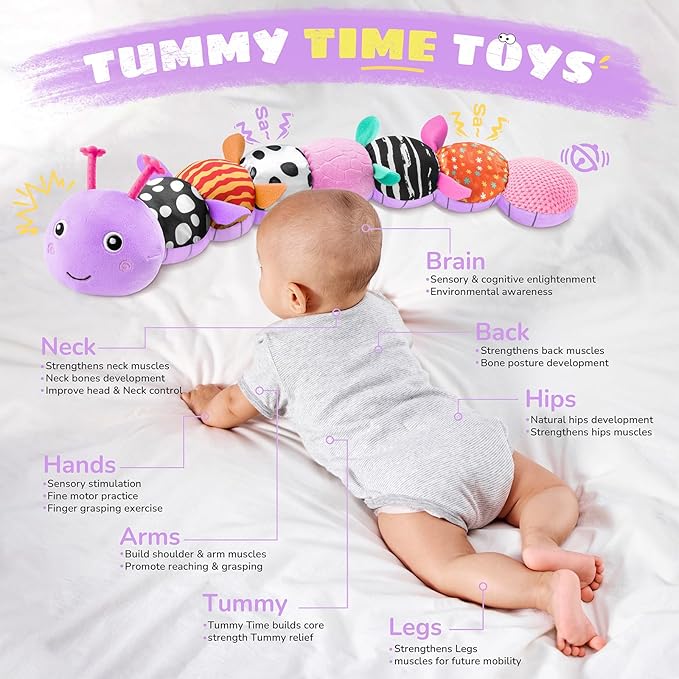 Baby Toys 6-12 Months Music Caterpillar,Stuffed Animals Infant Toys 0-3-6 Months,Baby Sensory Toys Tummy Time with Crinkle Rattle Teething Toys for Boys Girls Gifts Birthday|Lavender Purple