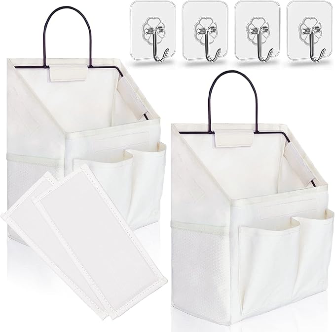 2pcs Wall Hanging Organizer Bag, Linen Fabric Door Hanging Storage Basket with Pockets, Waterproof Bin for Kitchen, Bedroom, Office, RV Camper (White-Upgraded)