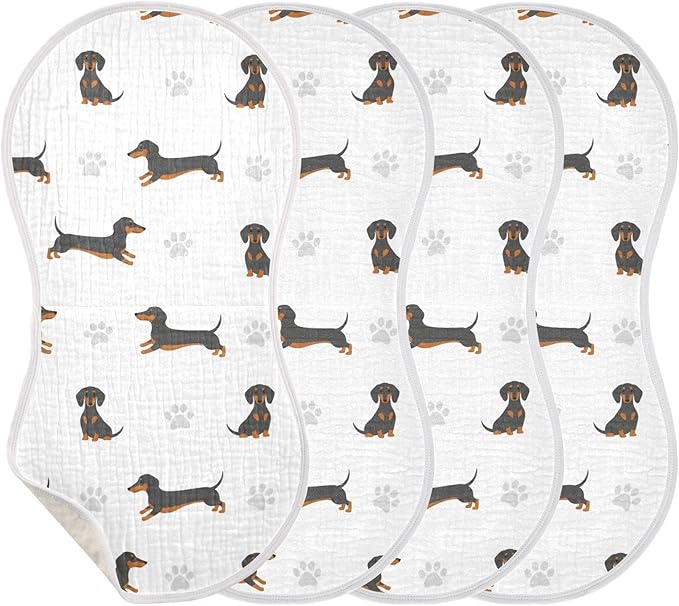 Qinllo 4 Pack Muslin Burp Cloths Dachshund Dogs White Cotton Baby Burp Cloths Extra Absorbent and Soft Spit Up Rags for Baby Boys Girls 22x11 Inch