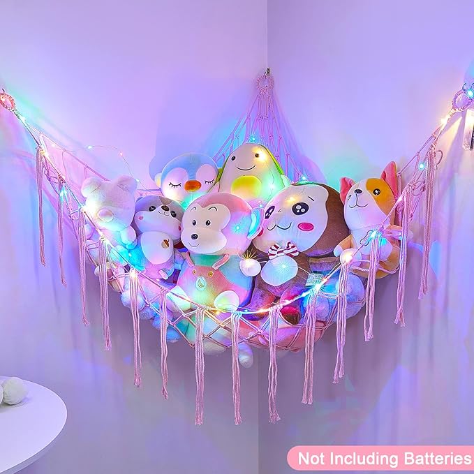 Basumee Stuffed Animals Net or Hammock with LED Light, Hanging Stuffed Animals Storage Toy Hammock Net Corner Wall Girls Room Decor Toy Storage Organizer, Pink, L
