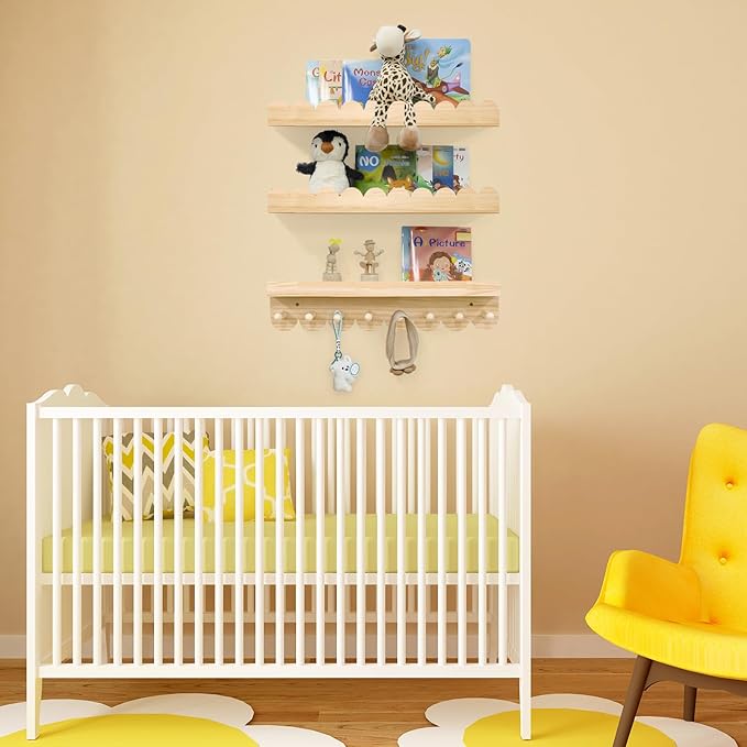 Floating Nursery Book Shelves with Hooks-20Inches Scalloped Shelves for Bedroom Kids Set of 3, Nursery Bookshelf for Kids Room Decor, Natural, Large