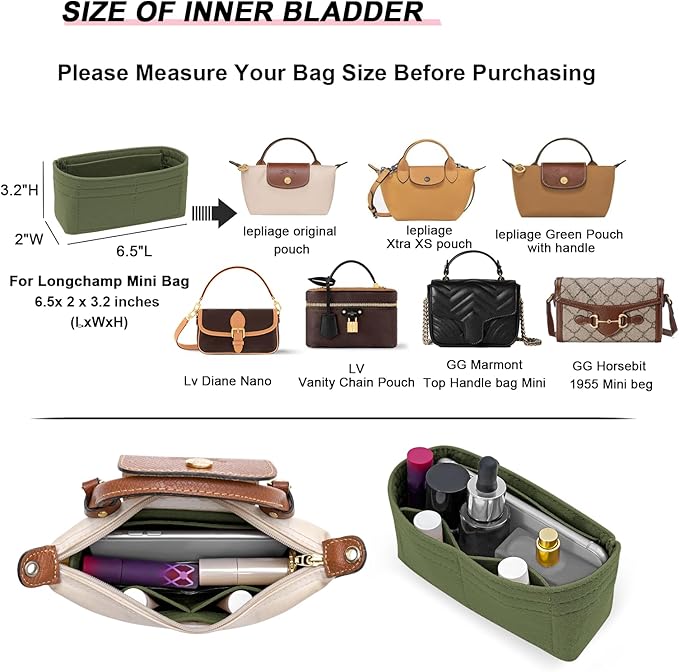 LOUKAYCCI Felt Mini Organizer Insert for Longchamp mini XS Bag,Purse Organizer Insert For Handbag (Green)