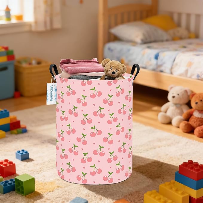 LANGYASHAN Laundry Basket Canvas Fabric Collapsible Organizer Basket for Storage Bin Toy Bins Gift Baskets Bedroom Clothes Children Nursery Hamper (Pink Cherry)