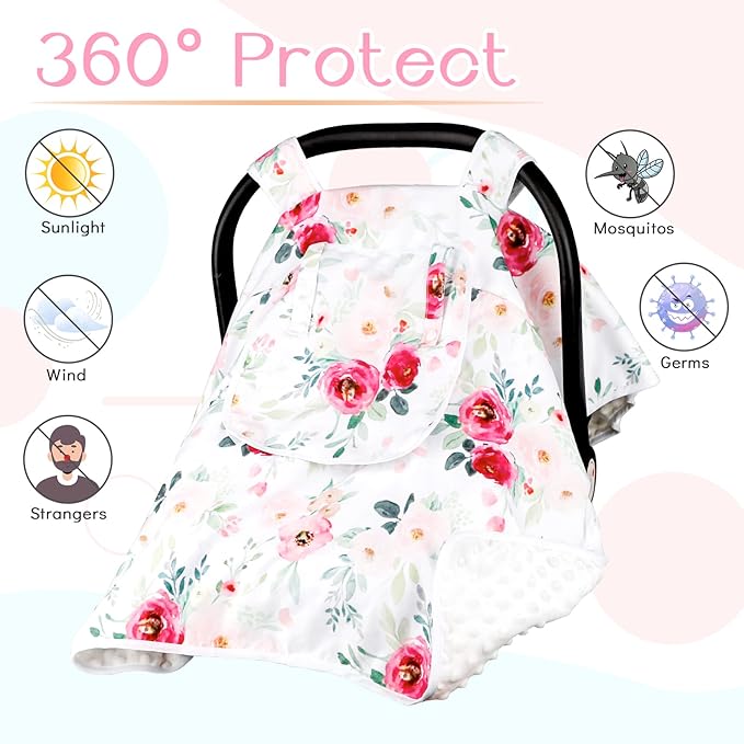 Car Seat Covers for Babies Girl, Winter Carseat Seat Cover for Newborns, Carseat Canopy Cozy & Warm Cover, Carrier Cover with Peep Windows, Pink Flower Rose