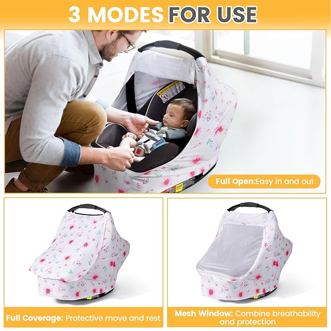 Orzbow Baby Car Seat Cover, Breathable Car Seat Canopy for Girls Boys with Mesh Window, Lightweight Baby Carrier Cover for Wind, Dust, Sun and Insects Protection, Universal Fit, Pink
