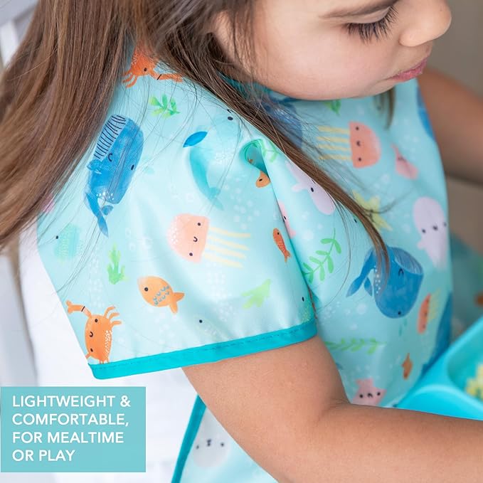 Bumkins Short Sleeve Bib for Girl or Boy, Toddler and Kids for 1-3 Years, Large Size, Essential Must Have for Junior Children, Eating, Mess Saving Soft Fabric Apron for Play, Ocean Life Blue